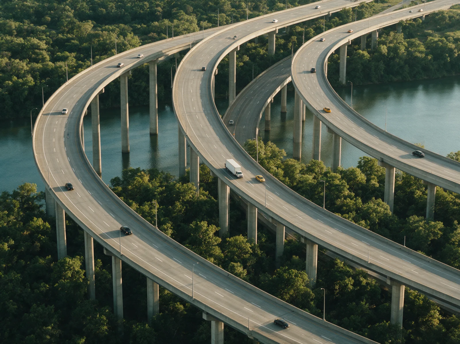 Freight moving across a multi-level highway interchange